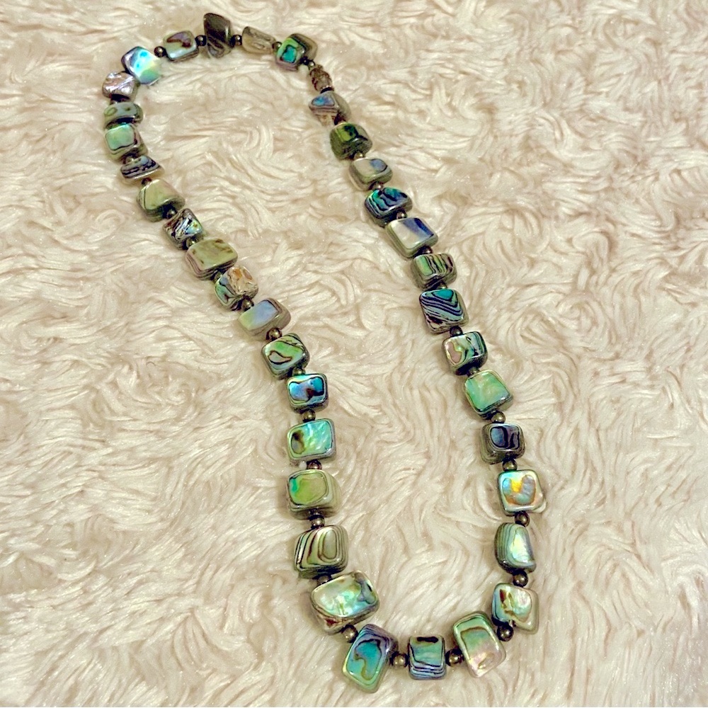 Vintage Natural Hand Carved Abalone And Hematite Necklace Vtg